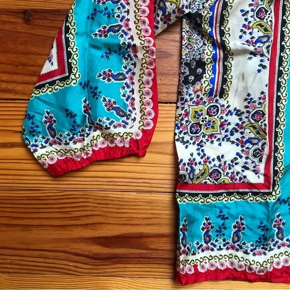 Johnny Was Sundance Red Blue Beige Silk 3/4 Peasant Top, EUC, S - Picture 4 of 12